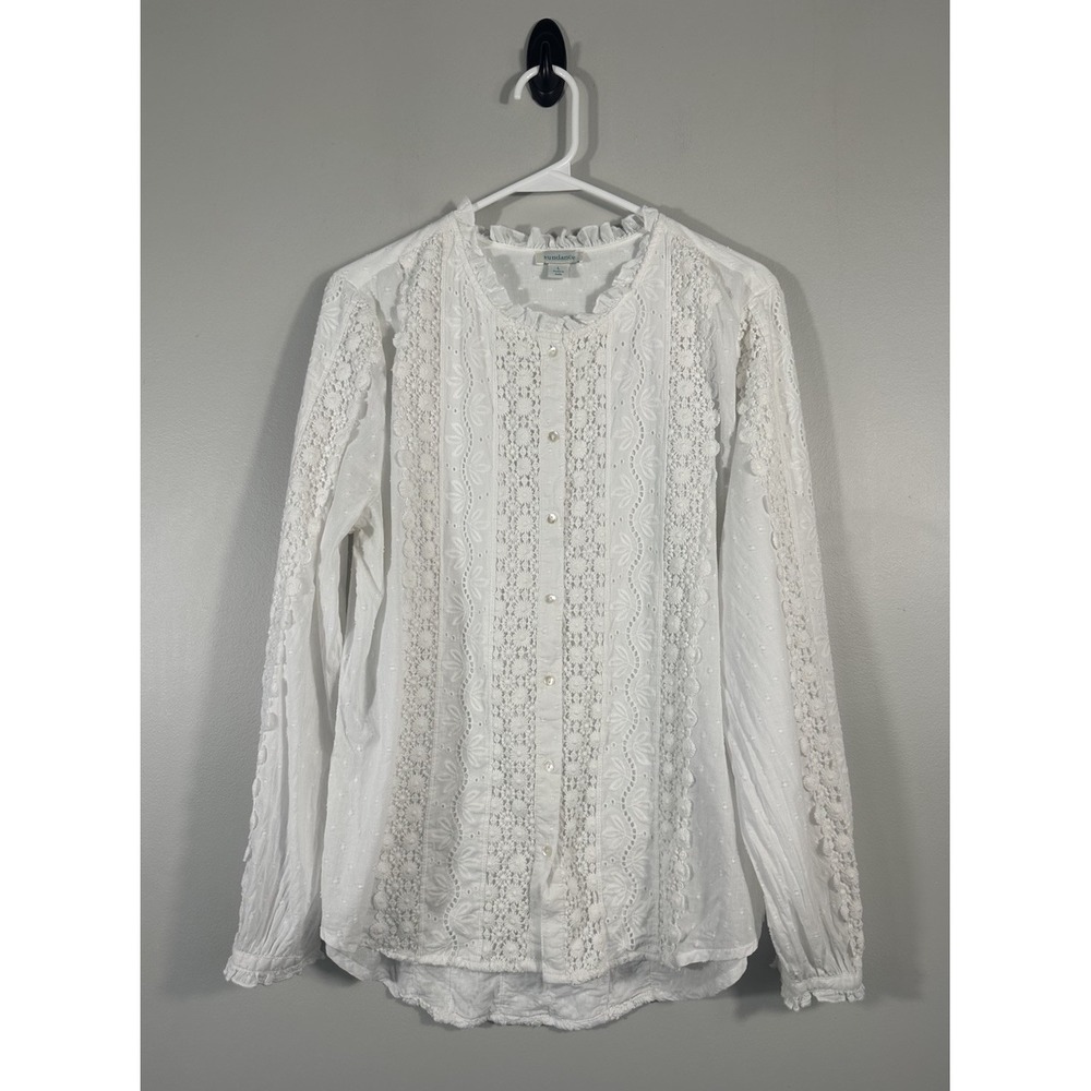 Sundance Top Womens L White Crochet Swiss Dot Button Front Cottage Boho Read